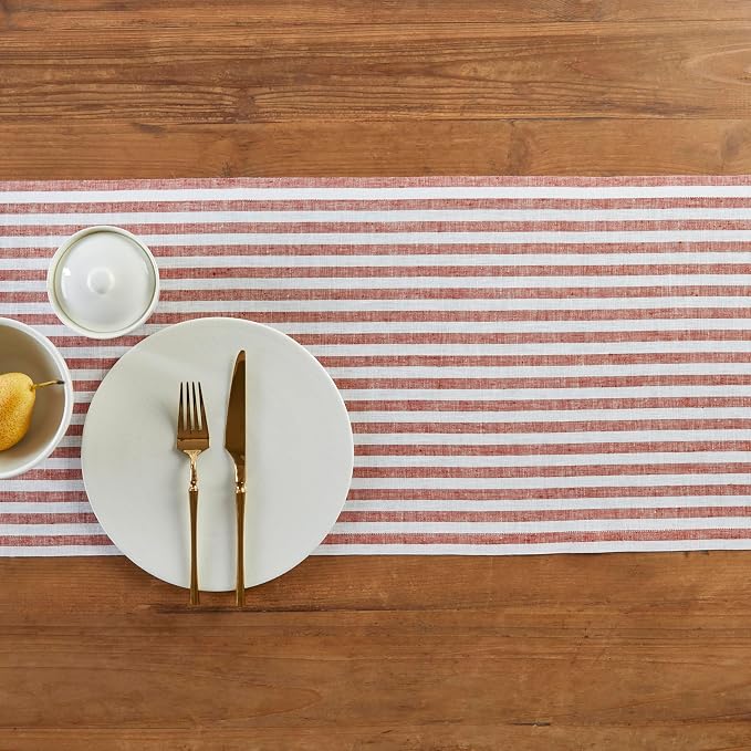 Solino Home Linen Table Runner 60 Inches - Amalfi Stripe 100% Pure Linen Cinnamon and White Farmhouse Table Runner 14 x 60 Inch Ideal for Dresser and Coffee Tables