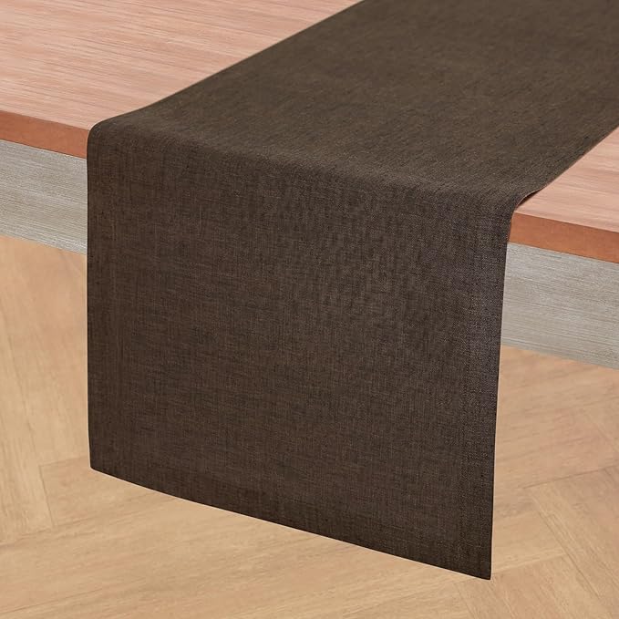 Solino Home Linen Small Table Runner 60 Inches - Athena, 100% Pure Linen Chambray Brown Table Runner 14 x 60 Inch Ideal for Dresser and Coffee Tables