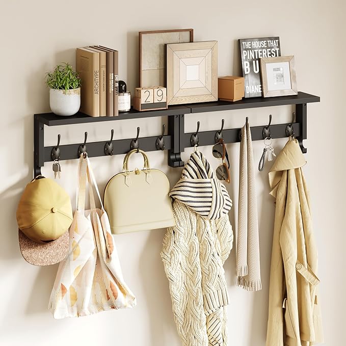 AMBIRD Coat Rack Wall Mount with Shelf, 17.1 Inches Coat Hooks Wall Mounted, Hat Wall Hooks for Hanging in Entryway, Living Room, Bathroom, Bedroom (Black)