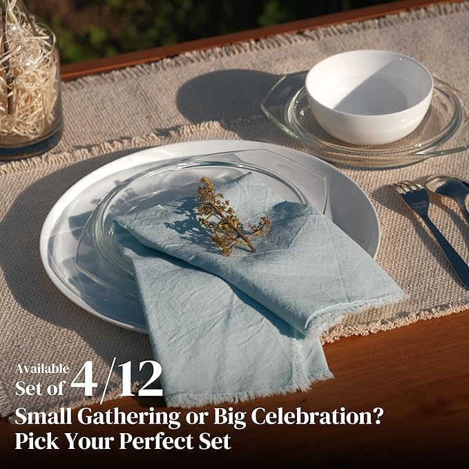 Palisa Premium Cotton Dinner Napkins Set of 12 | Light Blue Frayed Edge Rustic Farmhouse Table Linen | Soft Washable Long Lasting Durable Cloth Serviettes for Wedding Dining Decor 18x18 Inch