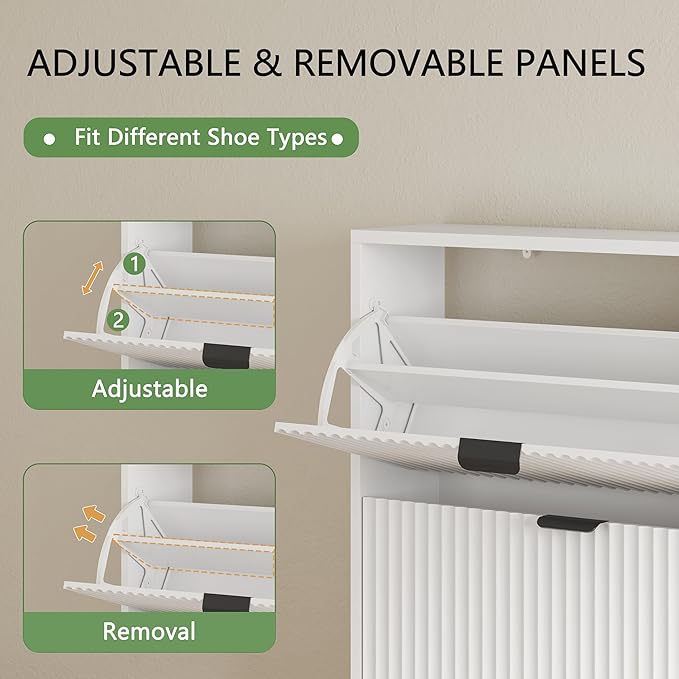 Xixini Shoe Cabinet with 3 Flip Drawers, 54" Tall Narrow Fluted Shoe Storage Organizer for Entryway, Hidden Wooden Shoe Rack with Adjustable Side Cabinet for Front Door Entrance, Hallway, Solid White