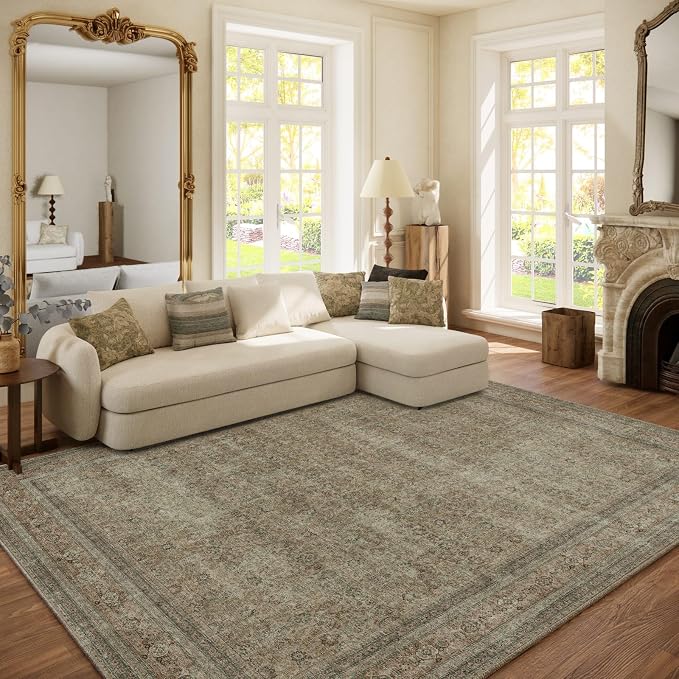 Washable Area Rugs for Living Room: 6x9 Bedroom Rug Boho Vintage Rugs Stain Resistant Non Slip Low Pile Lightweight Soft Carpets for Dining Room Kitchen Nursery Kids Room Farmhouse Living Room