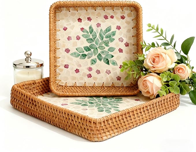 1 pcs Rectangle Rattan Serving Tray with Mother of Pearl Inlay, Decorative Wicker Tray for Coffee, Bread, Fruits, Elegant Table Decor for Living Room & Dining Room