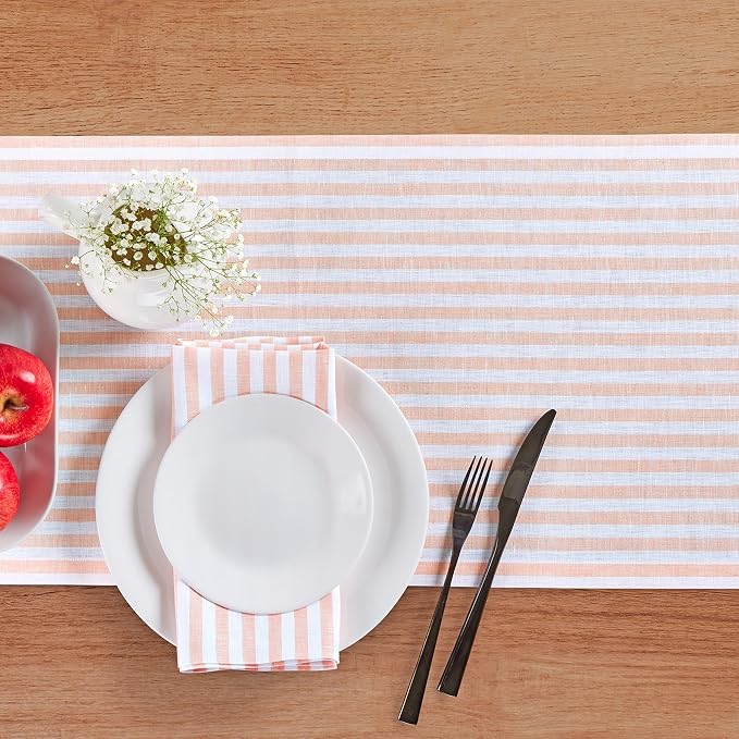 Solino Home Striped Linen Table Runner 108 Inches Long - Amalfi Stripe 100% Pure Linen Coral and White Dining Table Runner 14 x 108 Inch for Summer