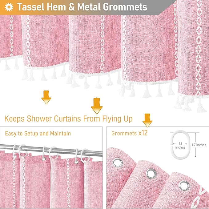 BTTN Extra Long Shower Curtain - 72x84 Long Pink Boho Chic Striped Tassel Linen Fabric Shower Curtain Set with 12 Hooks, Tall Modern Farmhouse Cute Heavy Duty Cloth Shower Curtain for Bathroom - Blush