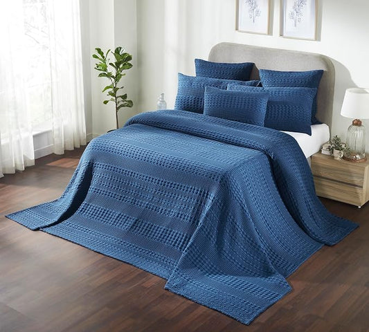 VHC Brands 100% Cotton Waffle Weave Navy Blue Oversized King Size Blanket 120x120, Decorative Cotton Throw Blanket, Boho Farmhouse Bedroom Decor for Bed, Couch, or Sofa