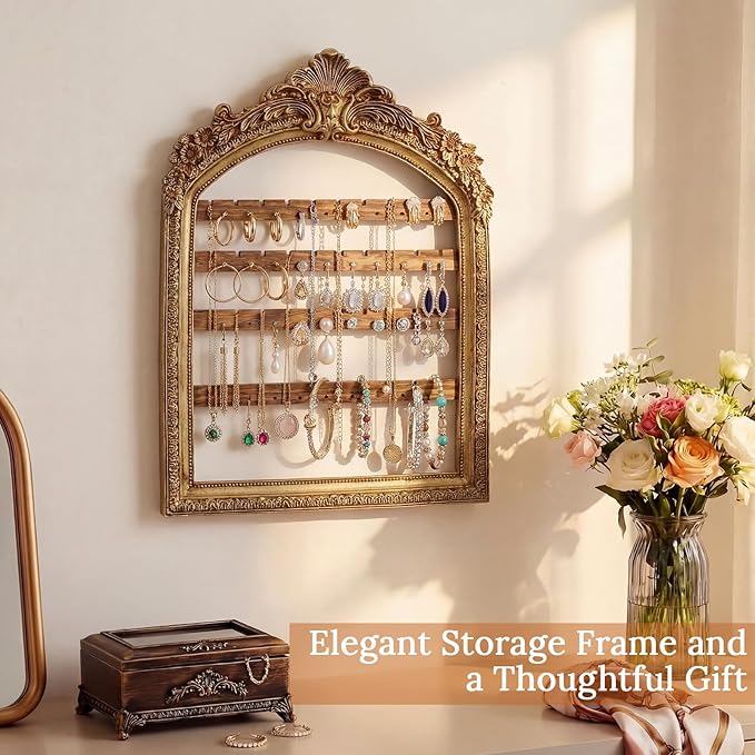 1 Pcs 13 x 9.3'' Wall Hanging Earring Holder Organizers Vintage Arched Frame 4 Layer Wall Mounted Jewelry Holder Decorative Retro Baroque Stud Earring Display (Gold)