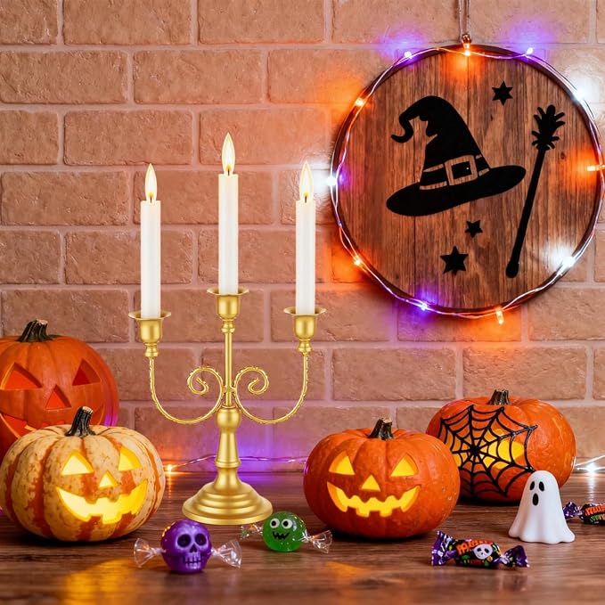3 Arms Metal Candelabra Gold Candle Holder Vintage Modern Decorative Centerpiece Candlestick Holders for Table Wedding Halloween Christmas Party (1, Gold)