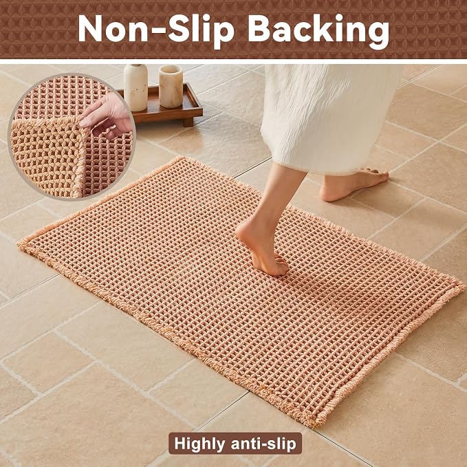Triohero Waffle Runner Bath Mat - Long Bathroom Rugs Non Slip Washable, Ultra Soft Super Absorbent Quick Dry Boho Farmhouse Bathroom Decor, 24" x 72", Light Peachy