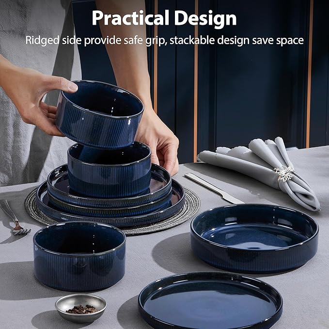 LIANYU Dinnerware Sets with Pasta Bowls, 8 Piece Ribbed Plates and Bowls for 2, Modern Ceramic Stoneware Dishes for Kitchen Dining, Microwave and Dishwasher Safe, Twilight Blue