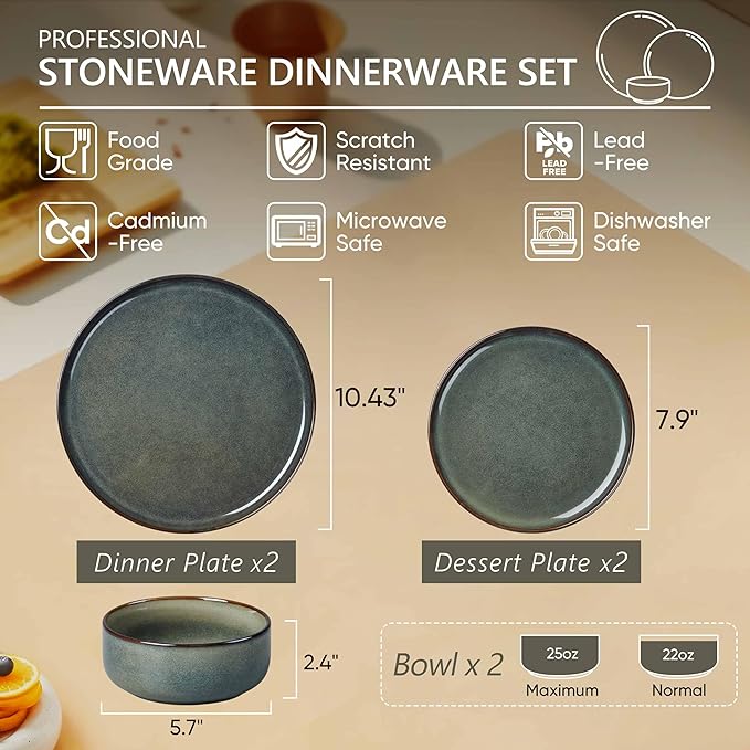 Herogo 6 Pieces Stoneware Dinnerware Set Service for 2, Dinner Plates and Bowls Sets, Double Reactive Glaze Dishes Set for Kitchen, Scratch Resistant, Microwave & Dishwasher Safe, Moss Green