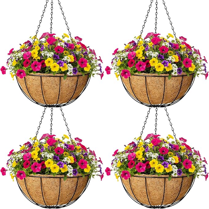 4pcs 14 inch Metal Hanging Baskets Round Wire Plant Stand with Coco Lining Cushion Decorative Planter Hanger Garden Indoor Outdoor Watering Hanging Basket （XG）