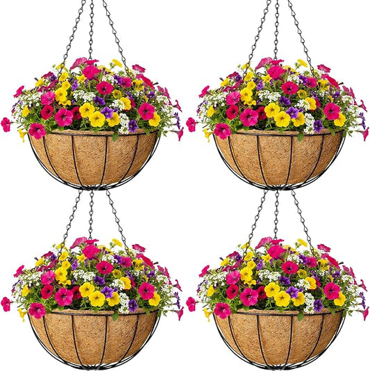 4pcs 14 inch Metal Hanging Baskets Round Wire Plant Stand with Coco Lining Cushion Decorative Planter Hanger Garden Indoor Outdoor Watering Hanging Basket （XG）