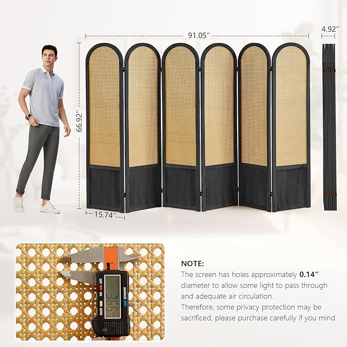 Room Divider 6 Panels, Folding Privacy Screen, Foldable Wood Rattan Room Divider Panel, Portable Partition Screen, Wall Divider for Room Separation Bedroom Home Office Garden Terrace (Black)