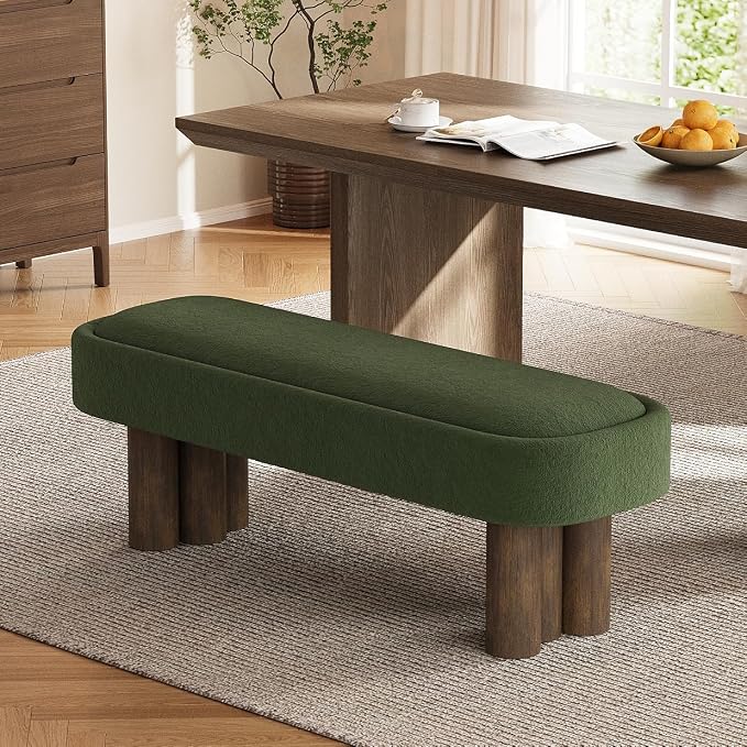 Christopher Knight Home Damas Fabric Upholstered Dining Bench, Wooden Entryway Bench, Long Sofa Footstool for Living Room, Bedroom End of Bed Bench, Olive Green+Walnut