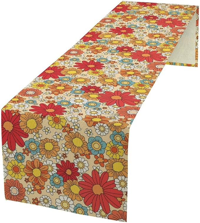 Hippie Floral Table Runner Groovy 1970s Vintage Colorful Rural Flower Retro Floral Printed Table Runner for Living Room Kitchen Dining Table Decoration 13x36in