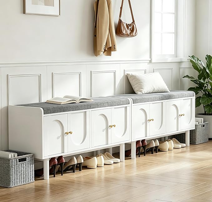 Shoe Storage Bench Set of 2, 2-Tier Entryway Bench with Cushion, 15" D x 39.4" W x 19.7" H, Shoe Cabinet Bench with 4 Doors and Adjustable Shelves, for Entryway, Hallway, Bedroom, White