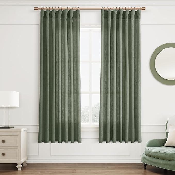 Joywell Olive Green Linen Curtains 63 Inch Length 2 Panels Light Filtering Privacy Curtains 63 Inches Long Boho Bathroom Accessories Short Curtain Panels for Bedroom Decor Emerald Dark Green 52X63