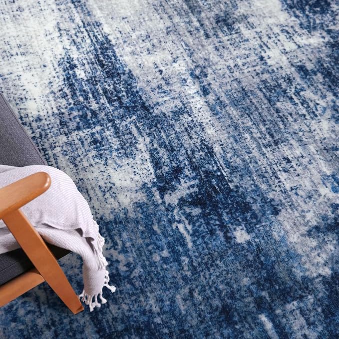 IOHOUZE Abstract Runner Rug 3x7 Ft Washable Runners for Hallways, Non Slip Kitchen Runner Printed Faux Wool Entryway Runner Indoor, Modern Abstract Floor Carpet for Hall Kitchen Bedroom, Navy/Grey