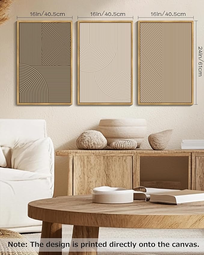 PHOPAGO Boho Mid-Century Modern Framed Wall Art Large 16x24in Minimalist Abstract Neutral Line Wall Decor Bohemain Geometric Artwork Bedroom Home Office - Natural Framed