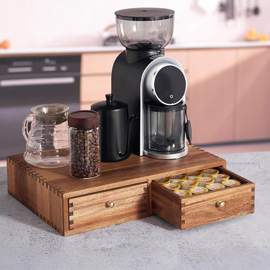 SARUFO Acacia Wood K Cup Organizer Drawer, Coffee Pod and Tea Storage Box with Non-Slip Pad, 30 Pod Capacity Under Brewer, Countertop Coffee Station Holder for Machine Stand