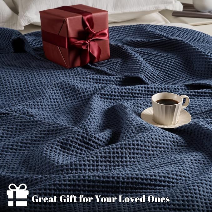 PHF Pre-Washed 100% Cotton Waffle Weave Blanket Queen Size for Bed,Snag Proof Throw Blanket for Couch Spring Summer Lightweight Breathable,Machine Washable, Home Decor Gift - Dark Navy