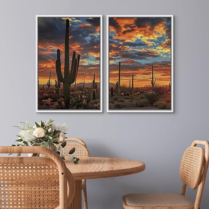 SIGNWIN Framed Wall Art Print Set Desert Sunset Cactus Landscape Photography Modern Art Rustic Relax/Calm Multicolor for Living Room, Bedroom, Office - 16"x24"x2 WHITE
