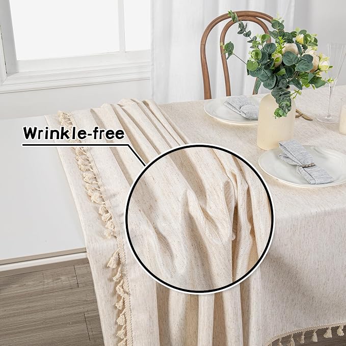 MYSKY HOME Rectangle Tablecloth, 60x60 inches, Heavy Duty Cotton Tassel Linen Look Waterproof Farmhouse Tablecloth, Wrinkle Free, Beige Tassels for Kitchen Dining, Party