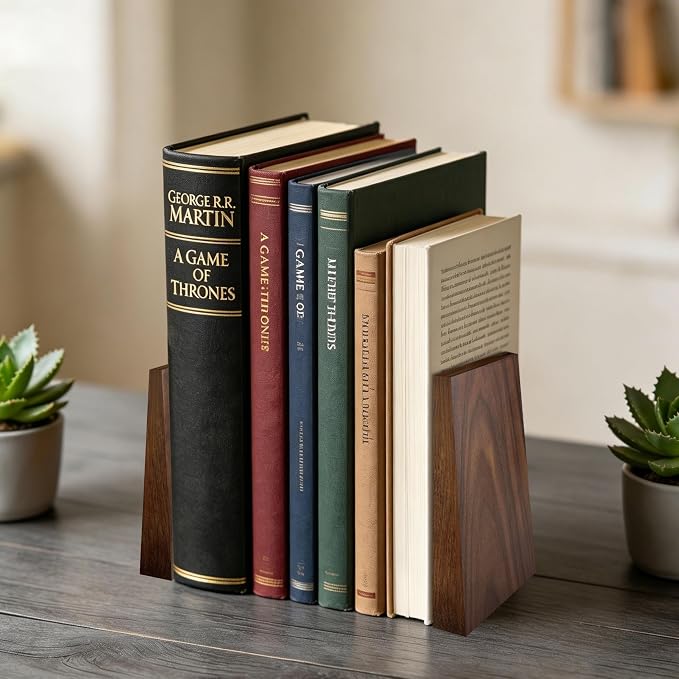 Luxdecor Walnut Book Ends Hold Heavy Books-6x5x4in Wood Bookends for Office Desk Non Skid, Decorative Walnut Bookend 2pack, Triangle Style