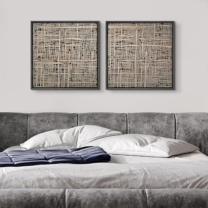 SIGNFORD Framed Canvas Print Wall Art Set Abstract Grid Pattern Artwork, Neutral Geometric Illustrations Modern Art Minimal Relax/Calm for Living Room, Bedroom, Office - 16"x16"x2 BLACK