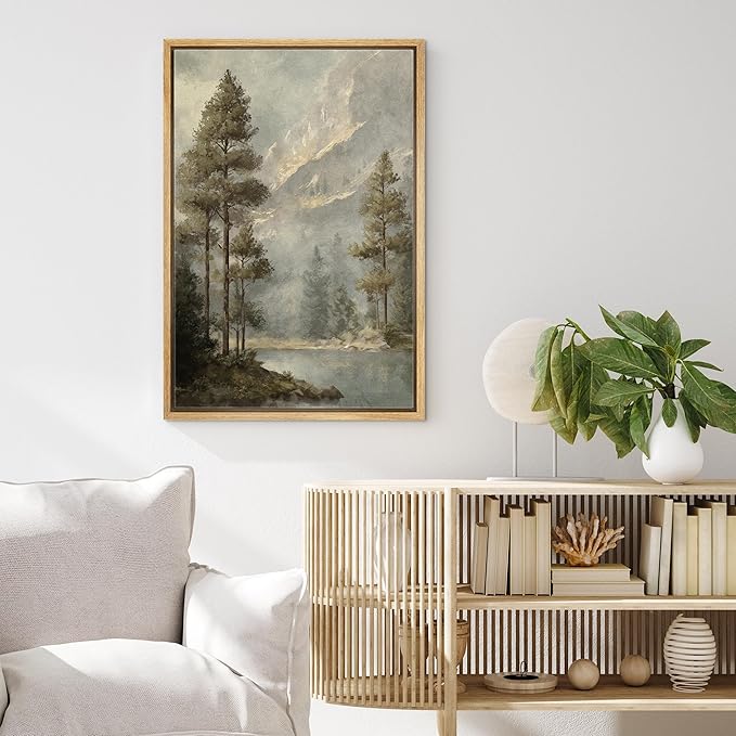 MUDECOR Framed Canvas Print Wall Art Pine Forest and Mountain View Classic Nature Landscape Illustrations Minimalism Decorative Bohemian Zen for Living Room, Bedroom, Office - 16"x24" NATURAL