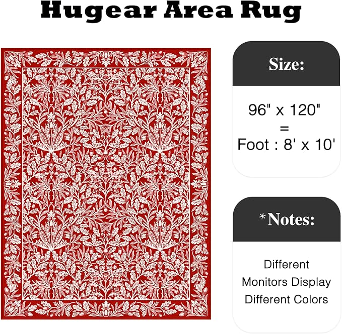 HUGEAR Vintage Area Rug 8x10 Floral Living Room Rugs Large Machine Washable Low Pile Carpet Red Retro Neutral Non-Slip Rug for Bedroom Dining Home Decor