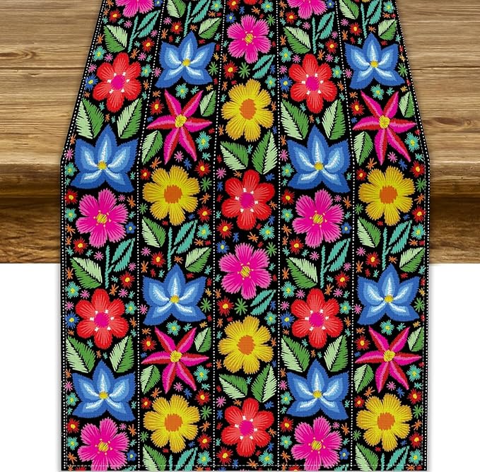 YCness Ethnic Mexican Table Runer, Mexican Flower Traditional Pattern Ornate Folk Graphic Spring Table Runner for Party Living Room Dining Home Table Decor, 13x60 Inch