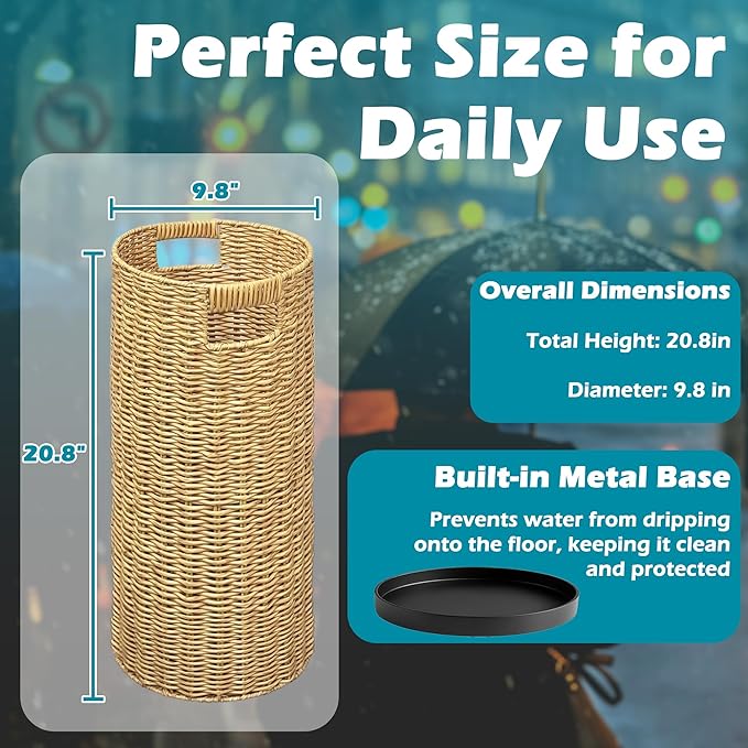 Rattan Umbrella Holder 21" H X 10" D, Handmade Wicker Umbrella Stand Indoor with Dip Tray, Sturdy Umbrella Holders for Entryway, Umbrella Bucket Fits Mudroom,Walking Canes,Home,Office (Oak)