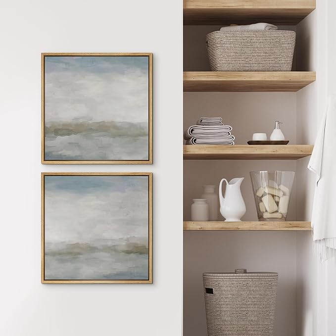 SIGNFORD Framed Canvas Print Wall Art Set Abstract Landscape Serene Illustrations Modern Art Minimal Relax/Calm for Living Room, Bedroom, Office - 16"x16"x2 Natural