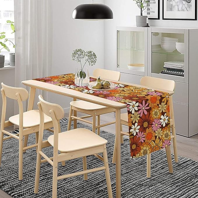 Retro 70s Floral Table Runner Hippie Summer Groovy Boho 60s Flower Dinner Runner for Home Kitchen Dining Table Party Decor 13"x108"