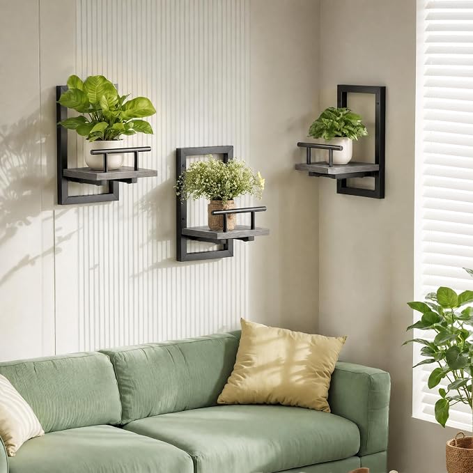 Sbosbo Floating Shelves for Wall, Plant Shelf Indoor, Wall Planters for Indoor Floating Plant Shelves for Bedroom, Living Room, Kitchen, Office, Bathroom Decor (Grey, 3 Pack)