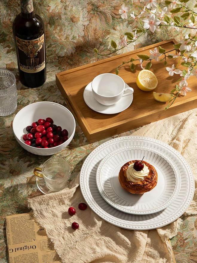 Famiware Garden 12-Piece Embossed Plates and Bowls Sets, Stoneware Reactive Glaze Dishes Dinnerware Set, Modern Rustic, Chip & Scratch Resistant, Microwave & Dishwasher Safe, Service for 4, White