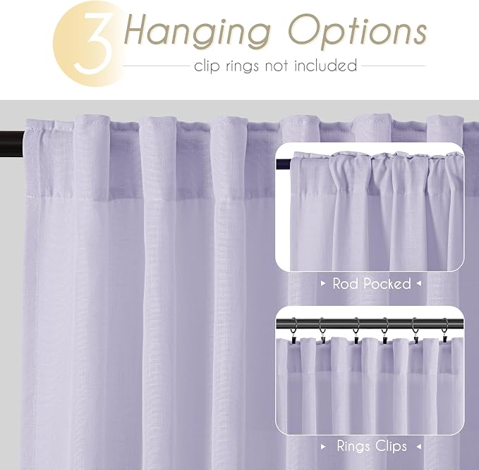 Lavender Back Tab Linen Curtains 102 Inches Length for Bedroom Living Room Semi Sheer Privacy Light Filtering Drapes Farmhouse Boho Texture Window Treatment Sets Violet Purple 52X102