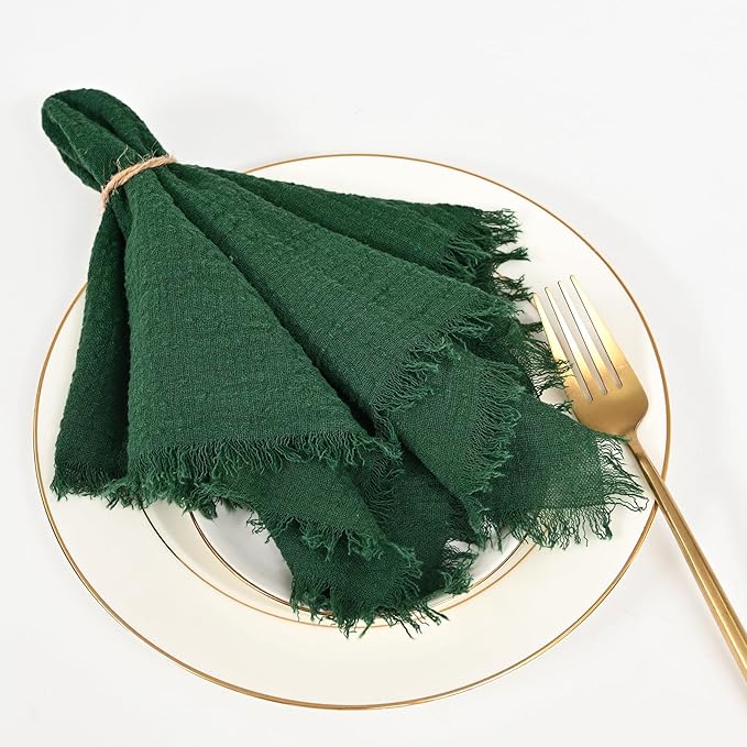 36 Pack Dark Green Handmade Cloth Napkins 12 x 12 Inch Cotton Linen Napkins with Fringe, Washable and Reusable Napkins, Soft Rustic Boho Fringe Cloth Napkins for Dinners,Parties, Wedding