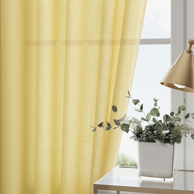 Nanspring Yellow Linen Boho Curtains for Bedroom Back Tab Rod Pocket Semi Sheer Linen Curtains 90 Inches Long 2 Panel Set Light Filtering Neutral Farmhouse Lightweight Drapes for Living Room 52x90