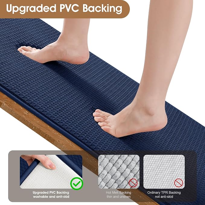 Memory Foam Bath Mat, Ultra Soft Absorbent Waffle Bathroom Rugs, Super Non-Slip PVC Backing Bath Rug Quick Dry, Machine Washable Rug for Tub, Shower, Home Decor Accessory, 32" x 20", Navy Blue