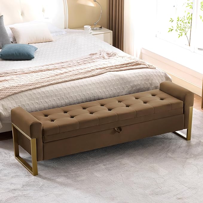 67" End of Bed Storage Bench King Size, Velvet Storage Bench for Bedroom Foot of Bed, Upholstered Storage Ottoman Bench with Gold Legs for Window Living Room Entryway, Brown