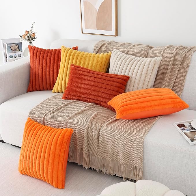 Pallene Faux Fur Plush Fall Throw Pillow Covers 12x20 Set of 2, Luxury Soft Fluffy Striped Decorative Pillow Covers for Sofa, Couch, Living Room, Rust