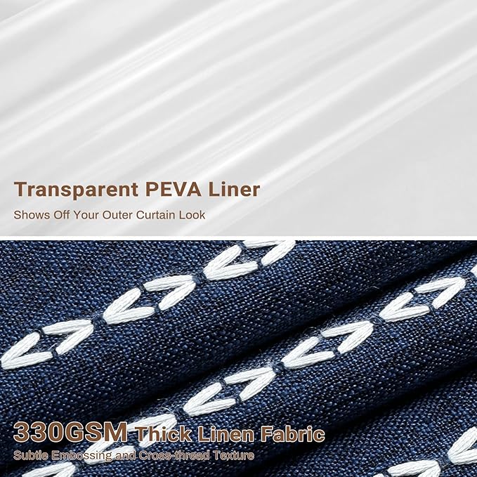 BTTN 3 in 1 Shower Curtain with Liner, 84 Extra Long Boho Linen Striped Cloth Shower Curtain Set with Hook, Tall Farmhouse Bohemian Waterproof Fabric Shower Curtain for Bathroom, Navy Blue, 72x84