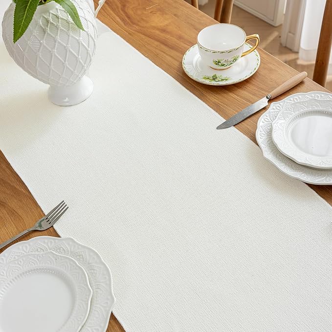 Laolitou White Table Runners 90 Inches Long, Farmhouse Boho Table Runner, Linen Texture Rustic Dining Table Decor Long, 13x90 Inches, White