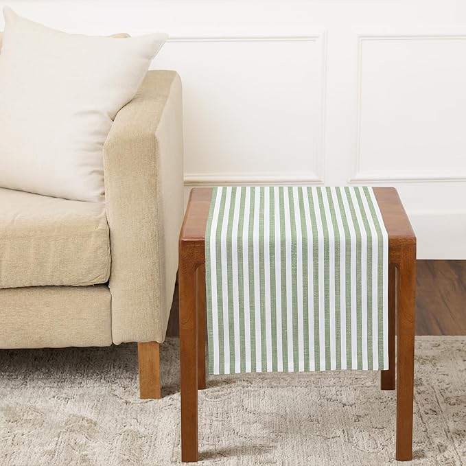 Solino Home Striped Linen Table Runner 36 Inches - Amalfi Stripe, 100% Pure Linen Green and White Small Table Runner 14 x 36 Inch Ideal for Dresser and Coffee Tables - Summer