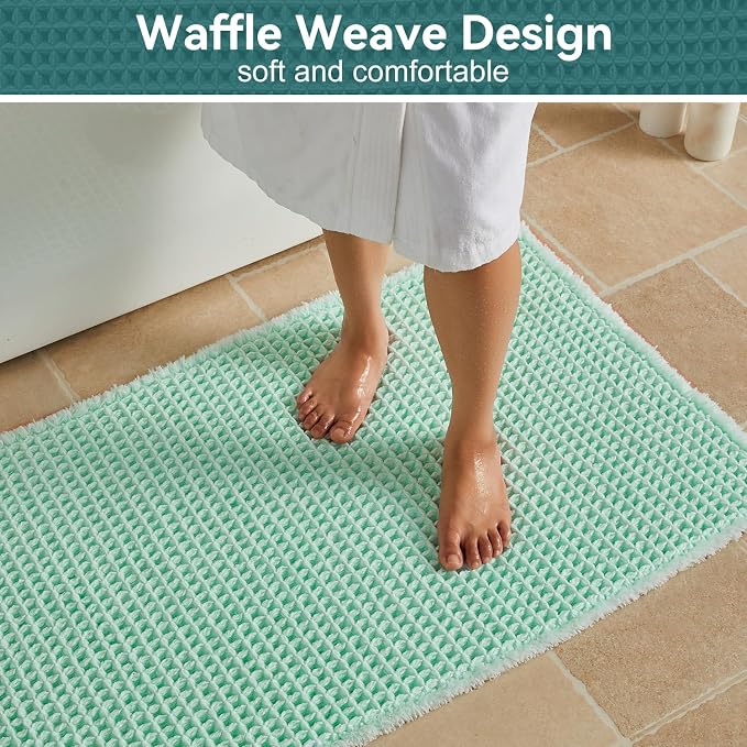 Triohero Waffle Bath Mat, Boho Bathroom Rugs Non Slip Washable, Ultra Soft Super Absorbent Quick Dry Farmhouse Bathroom Decor, 24" x 36", Sea Foam Blue