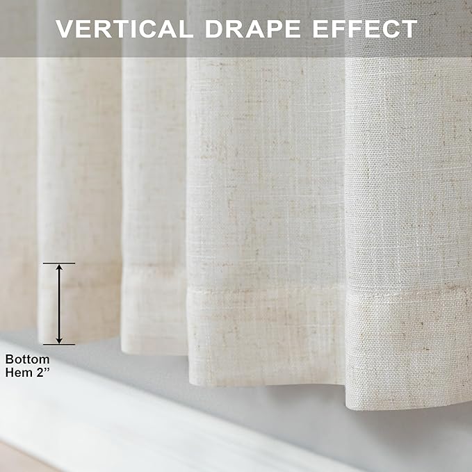 Pitalk 102 Inch Long Curtains 2 Panel for Living Room Dining Back Tab Loop Pocket Custom Natural Linen Sheer Ivory Cream Curtain for Bedroom Playroom Boho Farm House Cottage Core Decor 42 x 102 Length