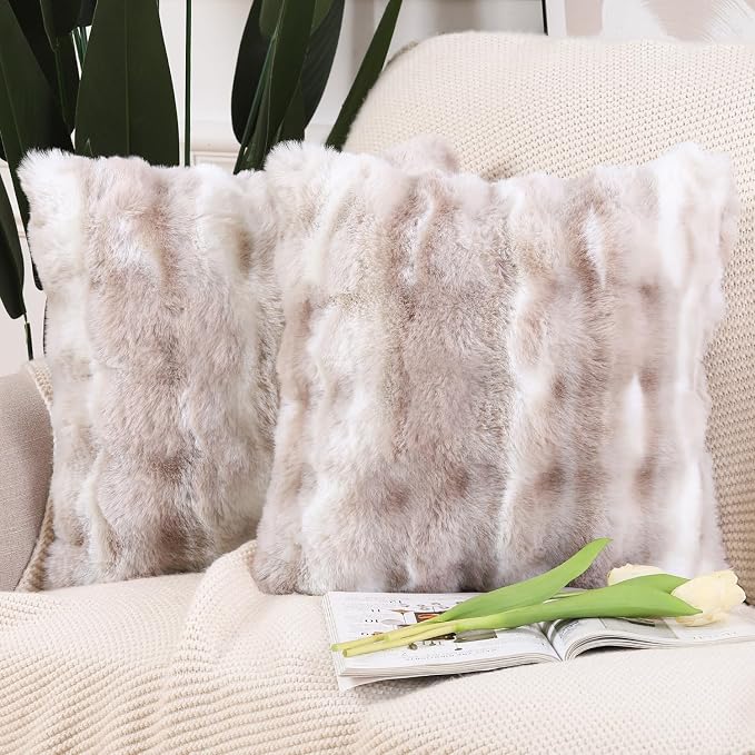 MADIZZ Pack of 2 Thick Plush Faux Wool Throw Pillow Covers Soft Boho Throw Pillows Luxurious Cushion Covers for Couch Sofa Bedroom Living Room Home Decor Euro Sham 24x24 Inch White Taupe